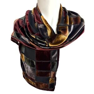 Echo Velvet & Silk Geometric Patchwork Scarf – Burgundy, Gold, Green & Charcoal